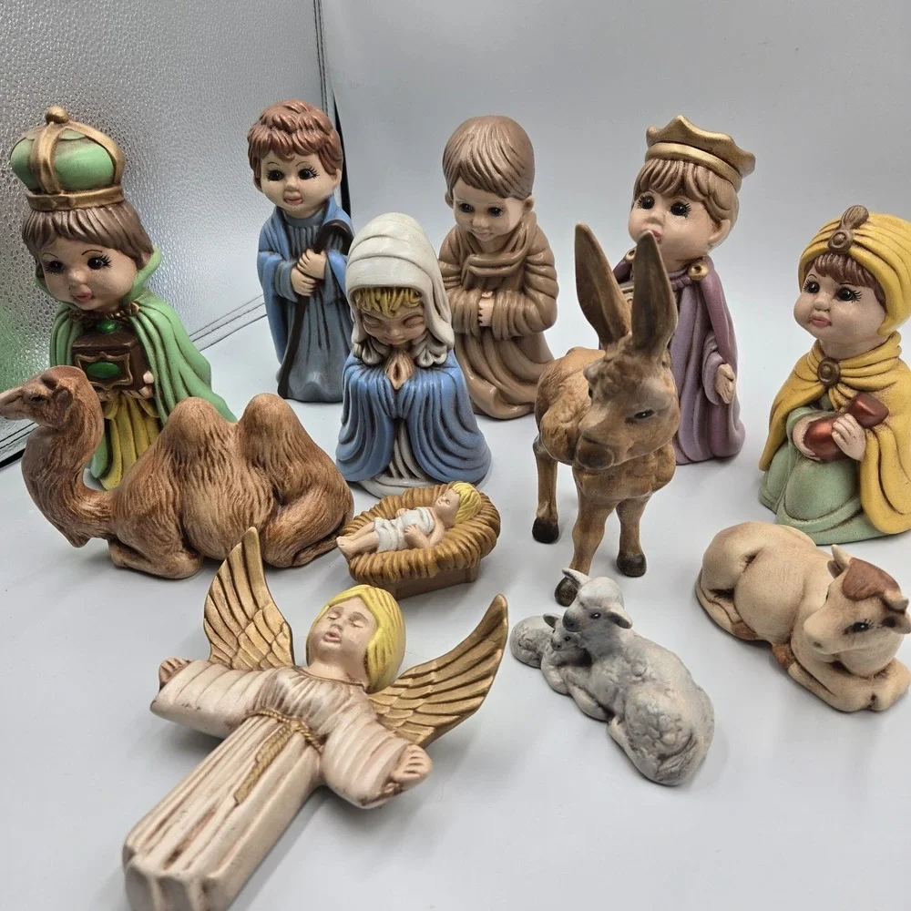 Nativity Set Arnels‎ 1975 Ceramic Christmas Decor Hand Painted 12 Pc 7 inches